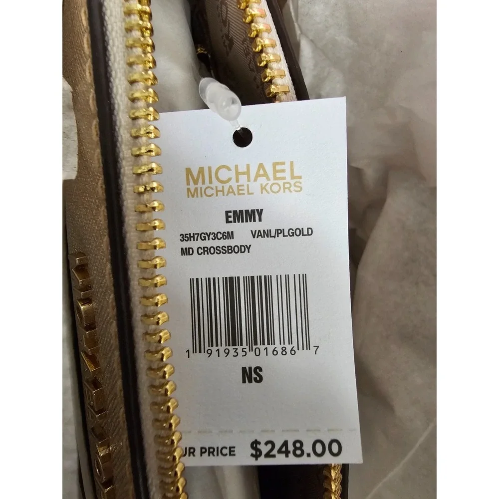 Michael Michael Kors Vanilla and Pale Gold Logo Print Leather Emmy Crossbody Bag